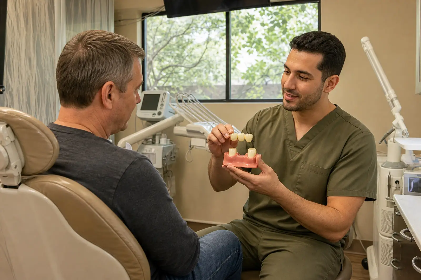 A dentist explaining a dental bridge